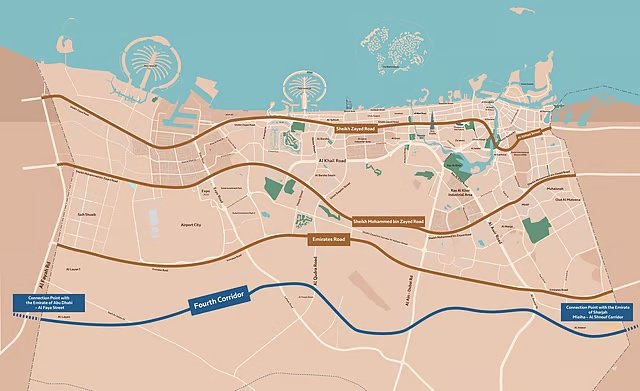 Map of the New Fourth Corridor route across southern Dubai, from Al Aweer at the Sharjah border to Al Faya at the Abu Dhabi border, south of Emirates Road